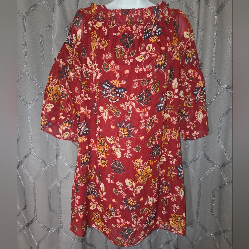 A.BYER Red Floral Design Dress Size Large.